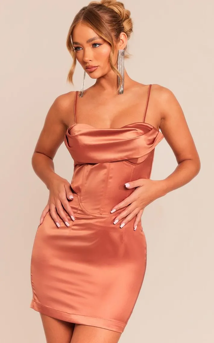 Rust Satin Cup Detail Corset Mini Dress