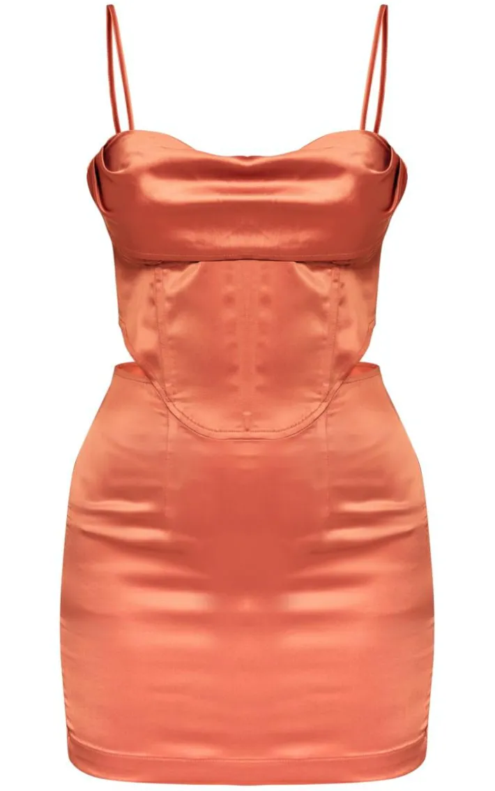 Rust Satin Cup Detail Corset Mini Dress