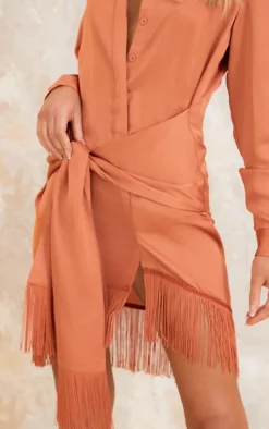 Rust Satin Drape Detail Tassel Hem Shirt Dress