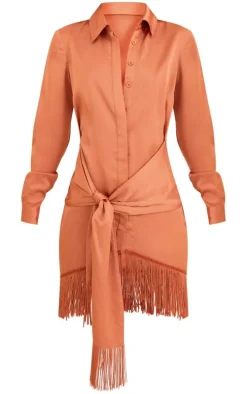 Rust Satin Drape Detail Tassel Hem Shirt Dress