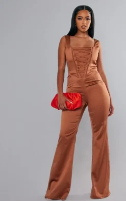 Rust Satin Lace Up Boned Strappy Wide Leg Jumpsuit