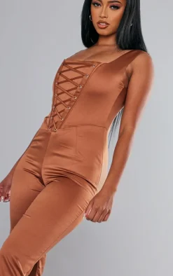 Rust Satin Lace Up Boned Strappy Wide Leg Jumpsuit