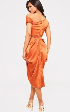 Rust Satin Off The Shoulder Draped Skirt Midi Dress