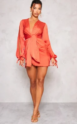 Rust Satin Twist Front Open Sleeve Wrap Dress
