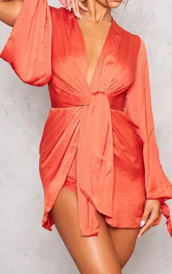 Rust Satin Twist Front Open Sleeve Wrap Dress