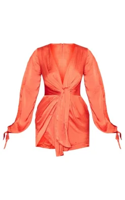 Rust Satin Twist Front Open Sleeve Wrap Dress