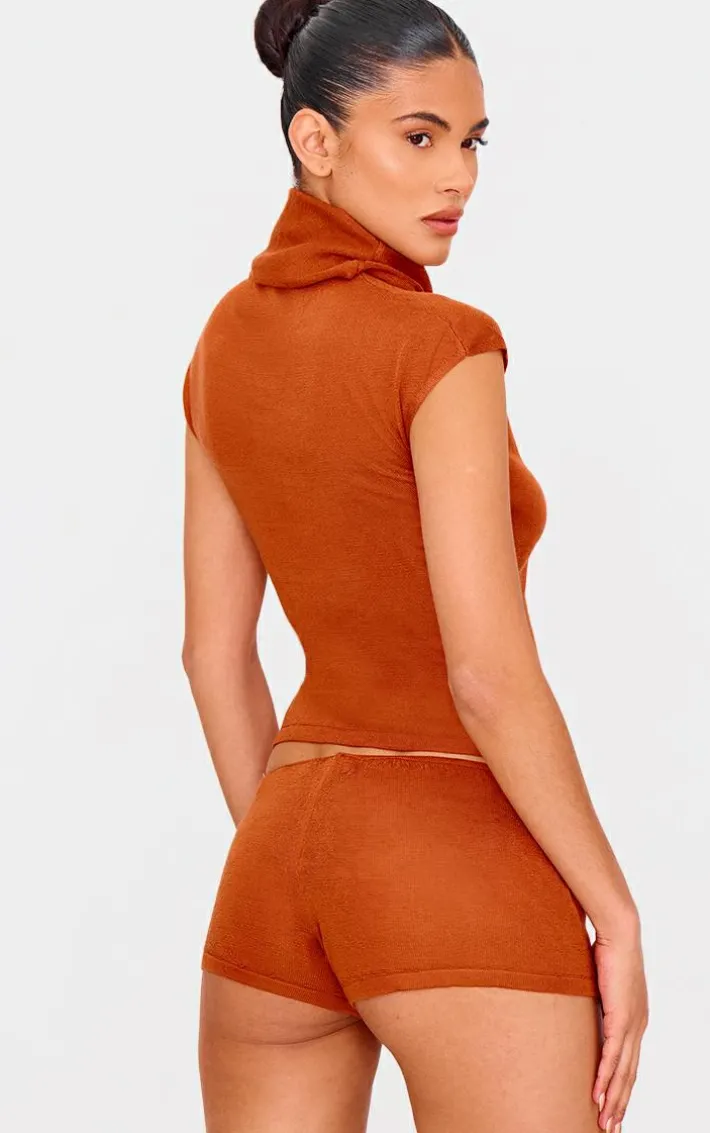 Rust Sheer Knit High Neck Top