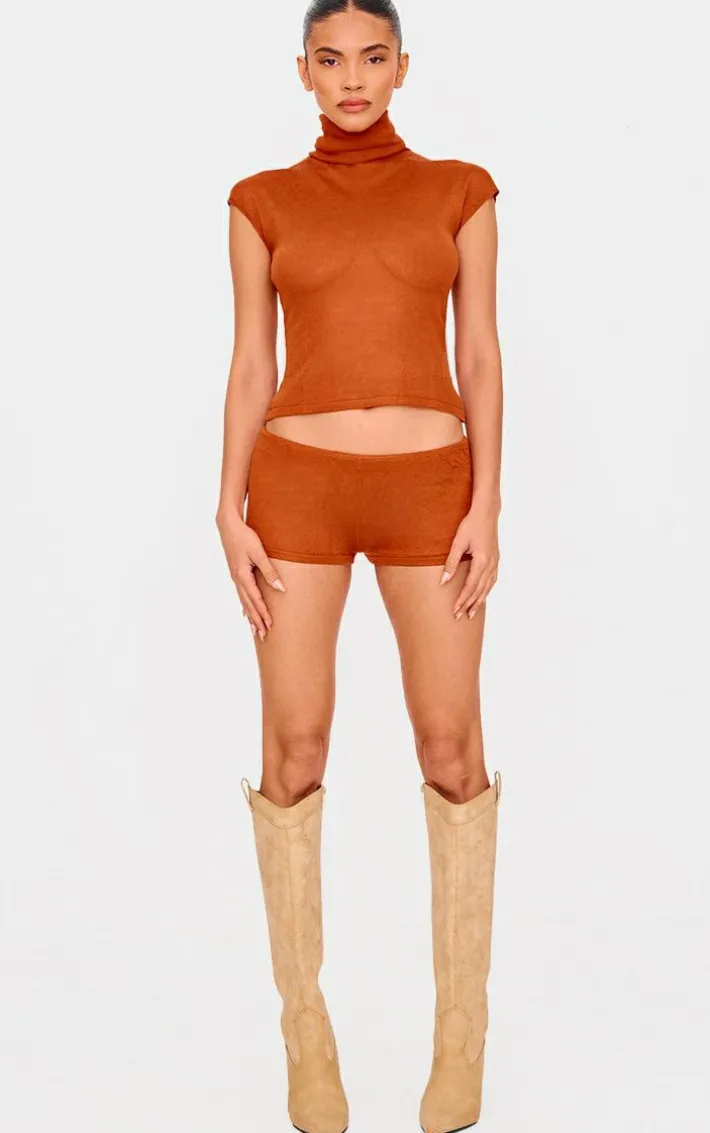 Rust Sheer Knit High Neck Top