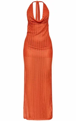 Rust Sheer Textured Halterneck Maxi Dress