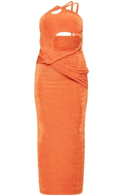 Rust Slinky Acetate One Shoulder Cut Out Cross Front Maxi Dress