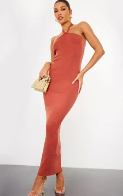 Rust Soft Knit Halter Tie Maxi Dress