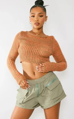 Rust Spacedye Knit Fitted Crop Sweater