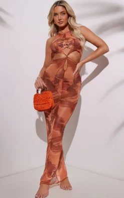 Rust Swirl Mesh Cut Out Beach Dress