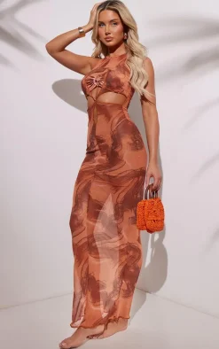 Rust Swirl Mesh Cut Out Beach Dress