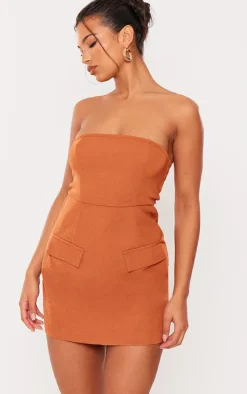 Rust Tailored Bandeau Pocket Detail Mini Dress