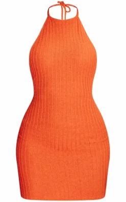 Rust Textured Halterneck Bodycon Dress