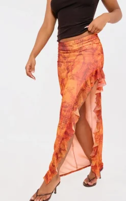Rust Textured Print Ruffle Detail Mesh Skirt