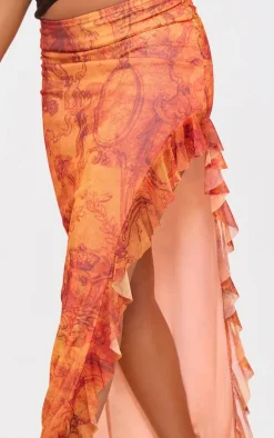 Rust Textured Print Ruffle Detail Mesh Skirt
