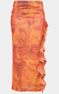 Rust Textured Print Ruffle Detail Mesh Skirt