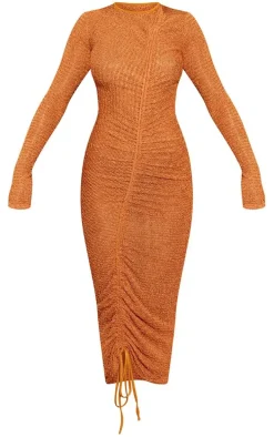 Rust Textured Ruched Long Sleeve Midaxi Dress