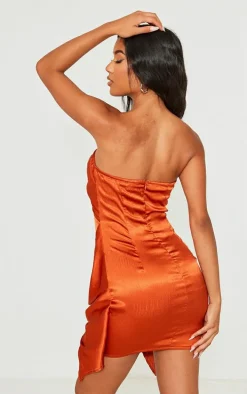 Rust Textured Satin Twist Detail Bandeau Bodycon Dress