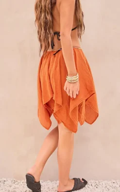 Rust Textured Woven Handkerchief Hem Midi Skirt