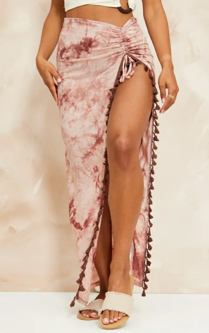 Rust Tie Dye Printed Knot Detail Tassel Hem Maxi Skirt