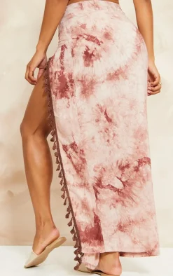 Rust Tie Dye Printed Knot Detail Tassel Hem Maxi Skirt