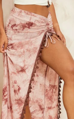 Rust Tie Dye Printed Knot Detail Tassel Hem Maxi Skirt
