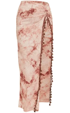 Rust Tie Dye Printed Knot Detail Tassel Hem Maxi Skirt