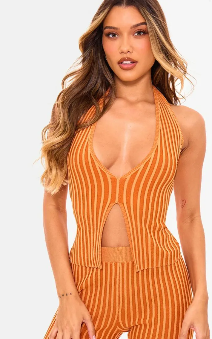 Rust Two Tone Knit Halter Neck Split Top
