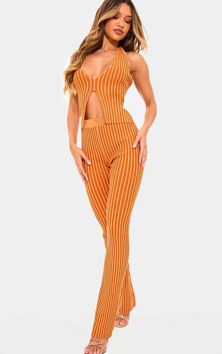 Rust Two Tone Knit Halter Neck Split Top
