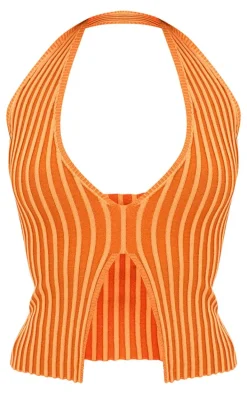 Rust Two Tone Knit Halter Neck Split Top