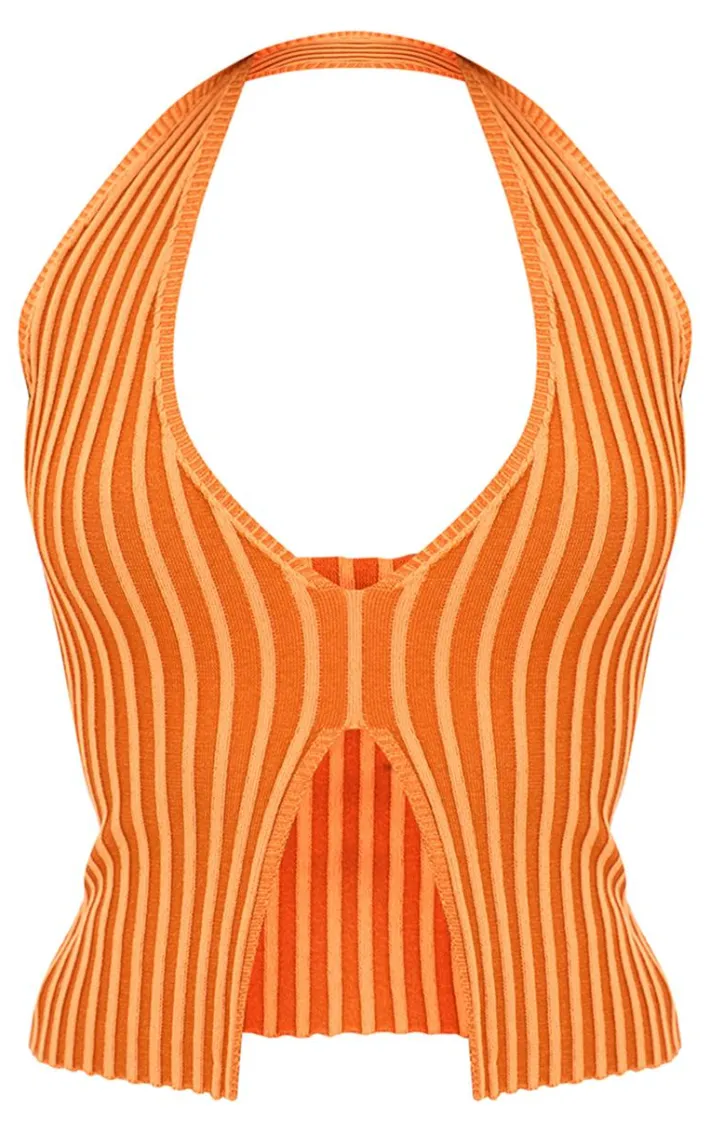 Rust Two Tone Knit Halter Neck Split Top
