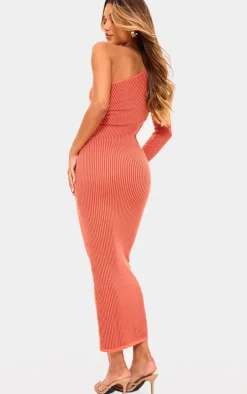 Rust Two Tone Knit One Shoulder Cut Out Maxi Dress