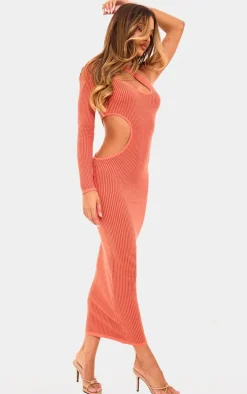 Rust Two Tone Knit One Shoulder Cut Out Maxi Dress
