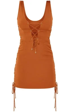 Rust Woven Lace Up Detail Strappy Bodycon Dress