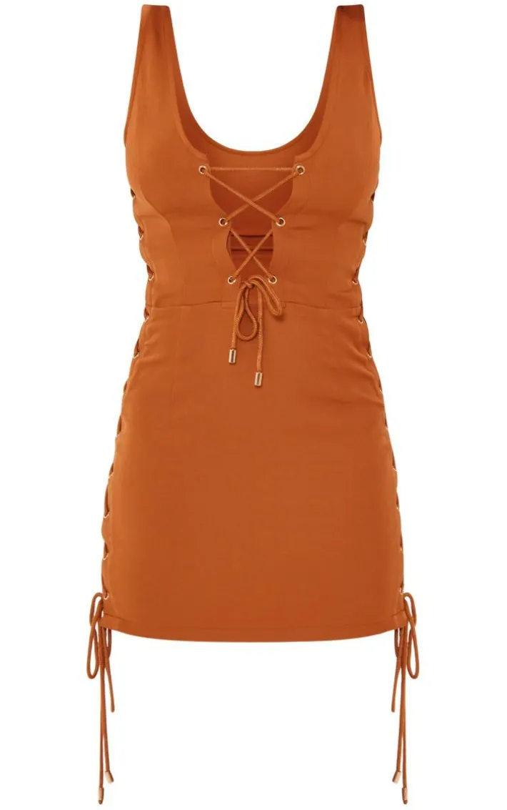 Rust Woven Lace Up Detail Strappy Bodycon Dress