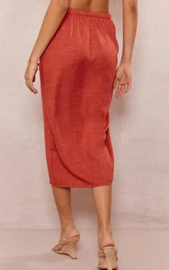 Rust Woven Marl Ruched Side Midi Skirt