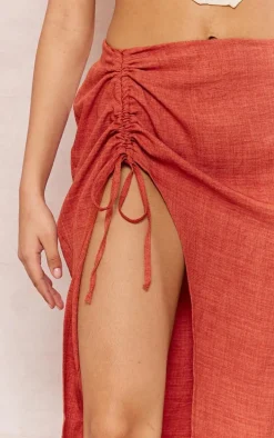 Rust Woven Marl Ruched Side Midi Skirt