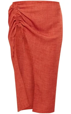 Rust Woven Marl Ruched Side Midi Skirt