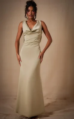 Sage Bridesmaid Satin Cowl Neck Maxi Dress