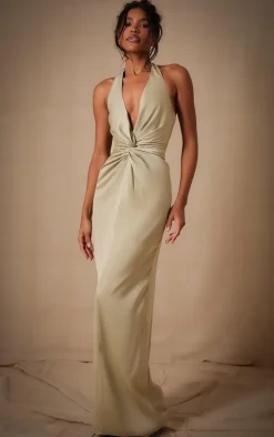 Sage Bridesmaid Satin Twist Plunge Halterneck Maxi Dress