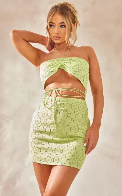 Sage Broderie Anglaise Cut Out Strap Detail Bodycon Dress