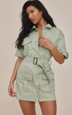 Sage Cargo Shirt Sleeve Belted Shirt Dress