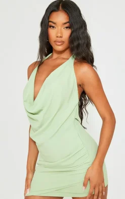 Sage Chiffon Cowl Halter Shift Dress