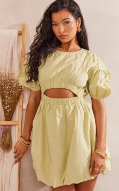 Sage Cotton Poplin Puff Sleeve Shift Dress