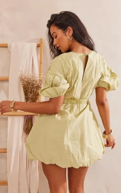 Sage Cotton Poplin Puff Sleeve Shift Dress