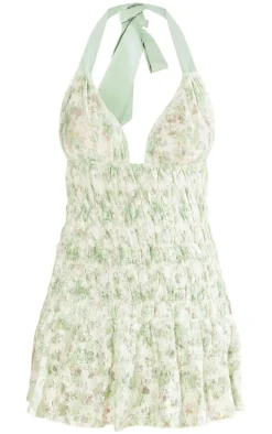 Sage Floral Textured Shirred Strappy Bodycon Dress