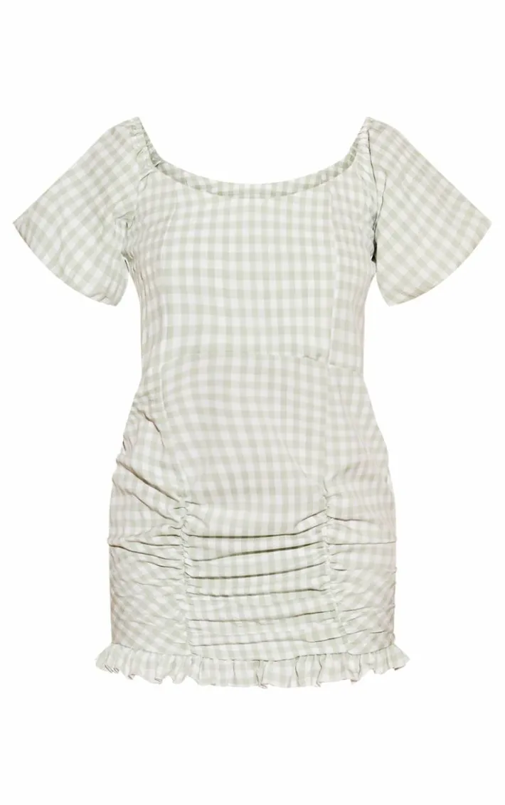 Sage Gingham Puff Sleeve Bodycon Dress